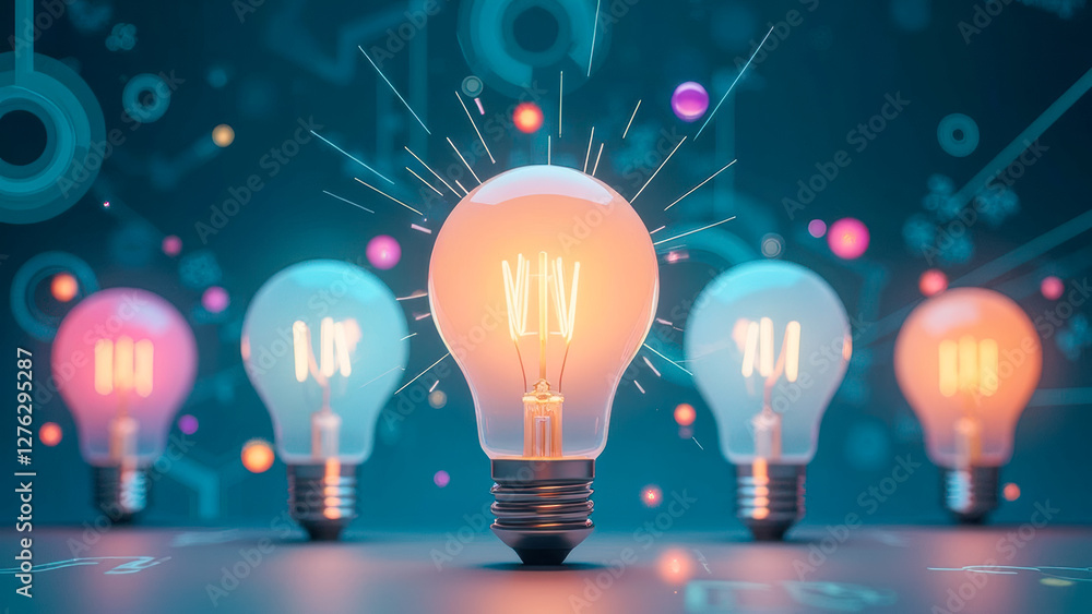 Poster vibrant light bulb with sparkles surrounded by colorful background elements representing innovation 