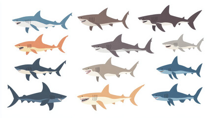 Shark vector fish set in flat style design. Different cartoon sharks icons isolated with sharp teeth mouth on white background.
