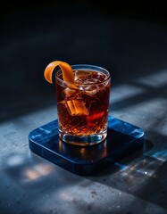sophisticated glass holds a deep amber cocktail