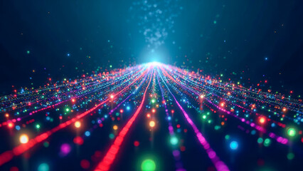 Fototapeta premium Colorful light trails in a digital abstract landscape with glowing particles moving toward a bright center point