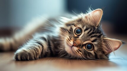 Naklejka premium Charming Feline Portrait Striking Eyes a Captivating Adorable Kitten Resting Peacefully on the Wooden Floor