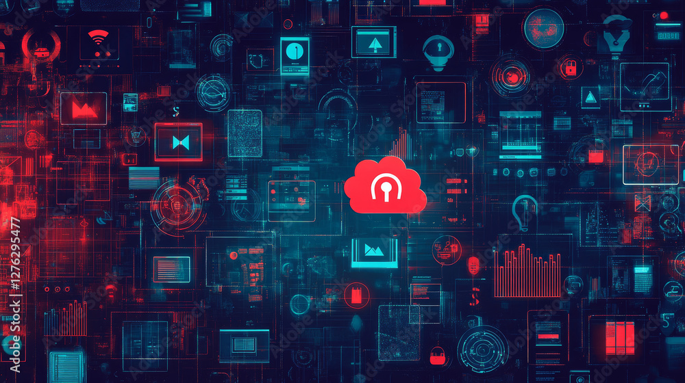 Poster thin lines connection icons outline set of big data center group cloud computing system internet pro