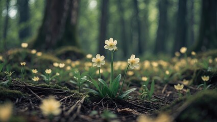 delicate white flowers blooming in a lush green forest with soft morning light filtering through trees
