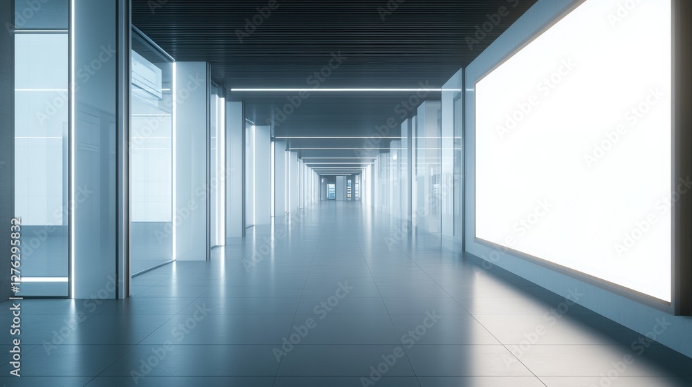 Poster clean corridor with luminous columns and blank screen advertising space modern architectural design