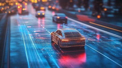 Automated vehicles on city street. Car with sensors and a camera is parked on a street. A vehicle with a safety concept system. Self-driving cars on lifestyle an urban road.