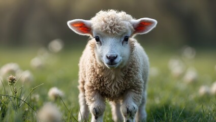 Fototapeta premium Young lamb standing in a field of green grass surrounded by soft white flowers with a blurred background