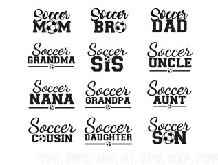 Fototapeta premium Soccer bundle EPS Vector, Game day EPS Vector, font alphabet letters EPS Vector, Coquette Bow EPS Vector, soccer family EPS Vector, soccer ball name EPS Vector, Soccer player EPS Vector