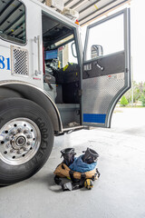 A fire truck with the door open and fire fighter boots and pants at the ready on the floor next to the truck door, inside a fire station with the bay door open ready to go out on a call. 