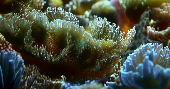 Colorful coral polyps thriving on a reef in dark ocean