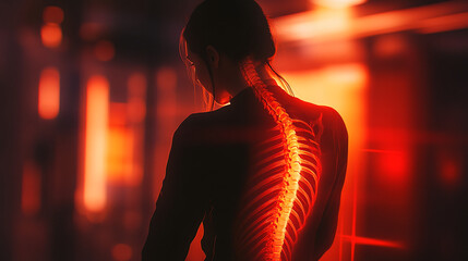 A dramatic portrayal of chronic back pain, showing a glowing spine in a female figure, symbolizing the struggles with spinal health and the impact of back-related conditions.