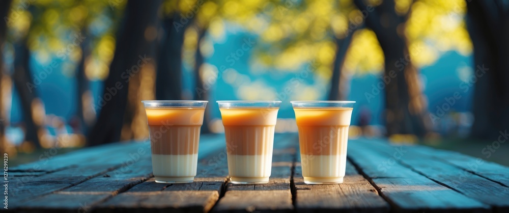 Aufkleber three layered desserts in plastic cups placed on a rustic wooden table in a park setting with blurre