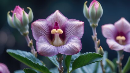Obraz premium purple and pink flower with delicate petals and yellow stamen surrounded by green leaves and buds in a blurred background