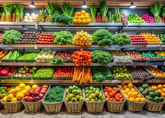 Panoramic View of Fresh Produce: Colorful Fruits and Vegetables on Supermarket Shelves