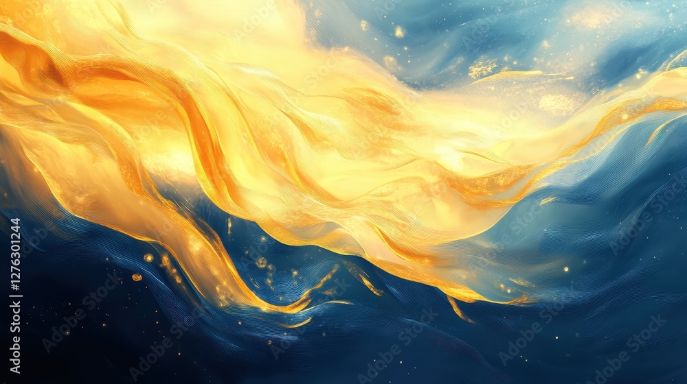 Poster abstract flowing golden and blue waves with light particles in dynamic artistic ocean scene