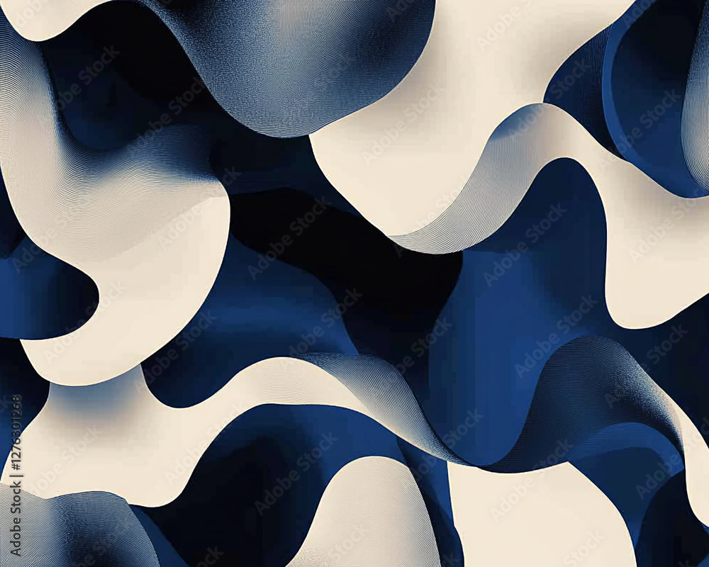 Poster abstract illustration of flowing, wavy patterns in blue and cream, representing smooth motion and mo