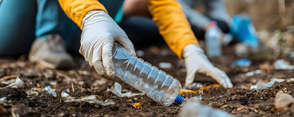 Hand close-up that is picking up plastic bottle from the ground, plastic bottle close-up, close-up, environmental protection, environment, low carbon, sustainable development, recycling, recycling