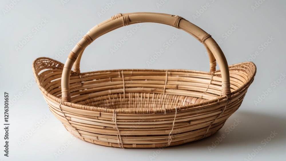 Poster rattan wicker basket with handle on a neutral background in natural tones and textures suitable for 