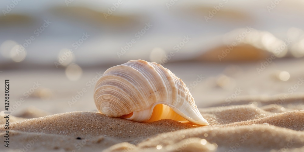 Aufkleber close-up view of spiral seashell resting on sandy beach with soft-focus ocean background and natural