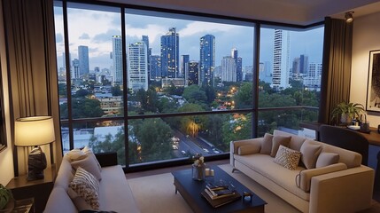 Modern apartment living room with city view at dusk.