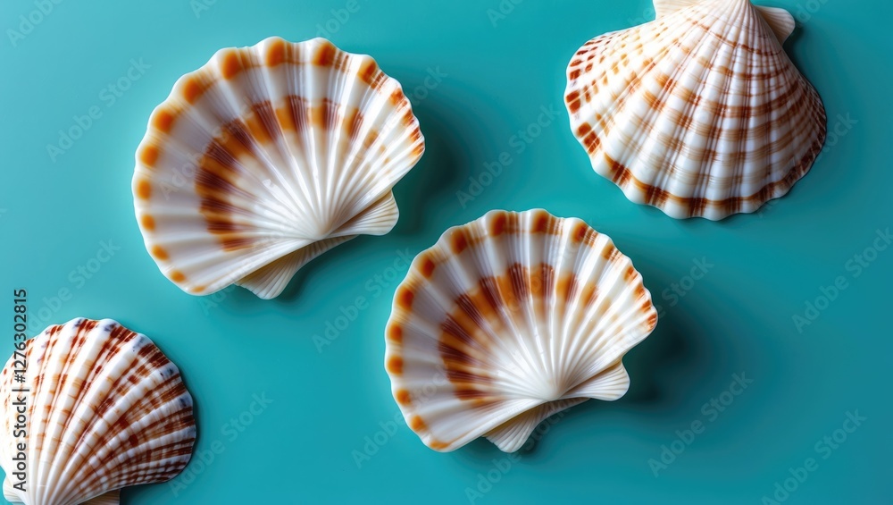 Poster close-up view of various seashells on a turquoise background with detailed textures and patterns hig