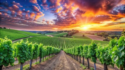 Naklejka premium Stunning Orange Sunset Vineyard Landscape Photography - Rule of Thirds Composition