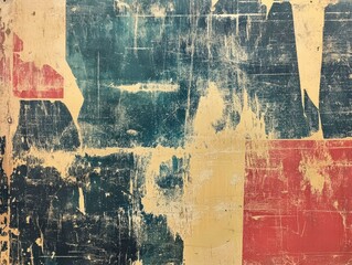Fototapeta premium Distressed Abstract Canvas Featuring Geometric Shapes in Blue Red and Cream Paint Background Texture