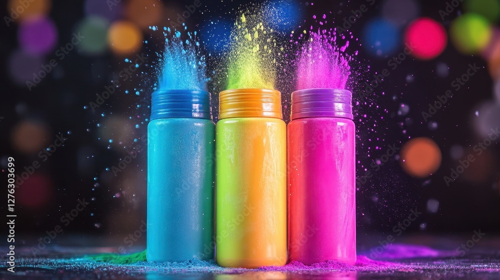 Poster colorful powder exploding from bottles against blurred bokeh background