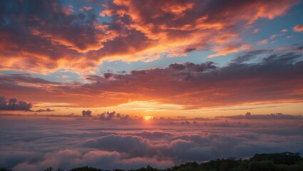 Vibrant sunset over a blanket of clouds with rich colors and dramatic sky in a natural landscape setting.