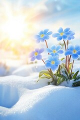 Flowers sprout growing out of snow. Early Spring theme.