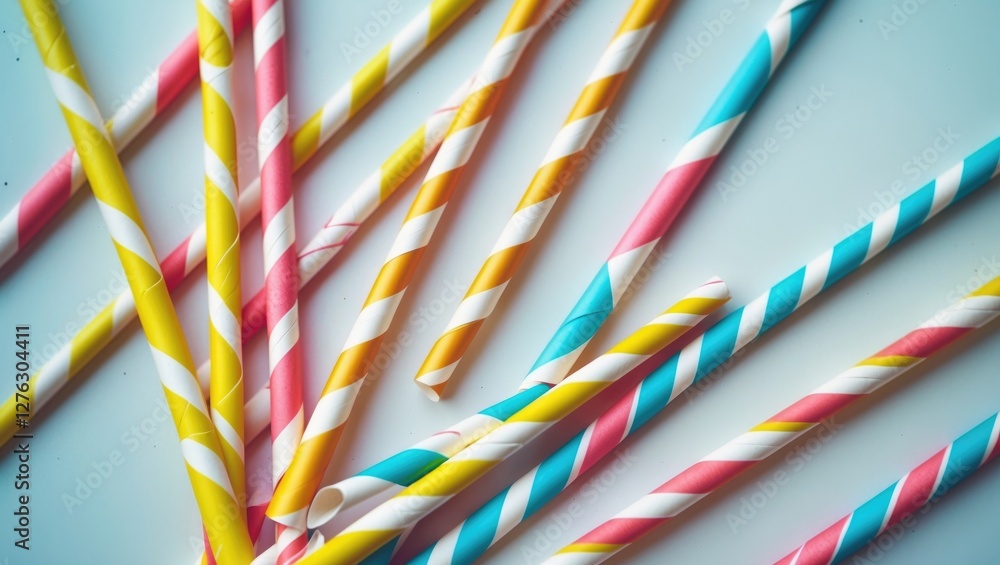 Poster colorful paper drinking straws in various patterns scattered on a light background