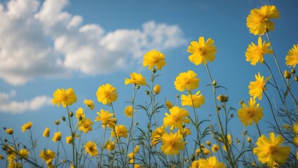 Fototapeta premium Yellow wildflowers in a field under a blue sky with fluffy clouds on a sunny day.