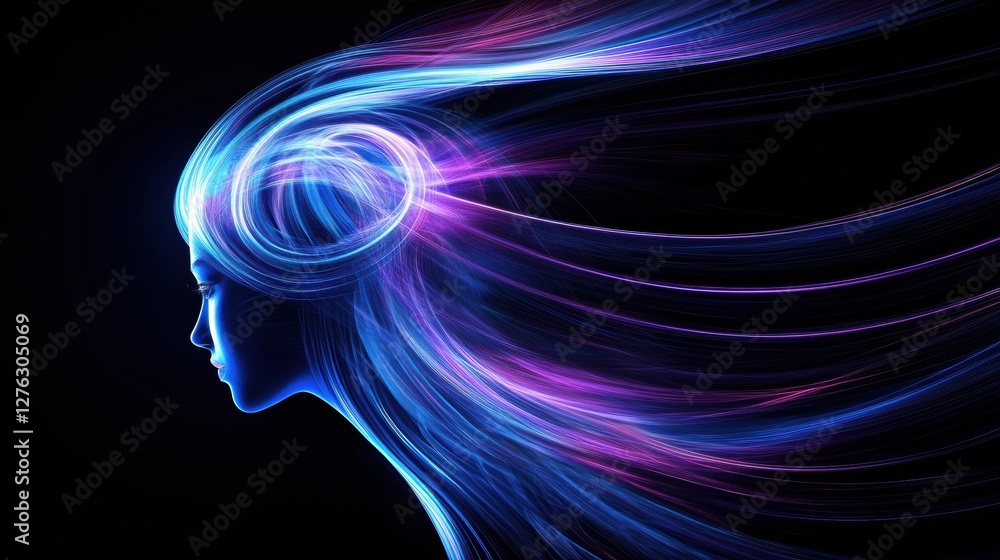 Poster creative silhouette of a person with abstract light streams emanating from head in dark background