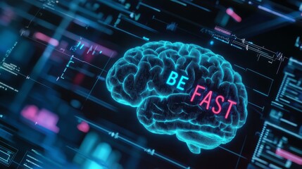 Obraz premium Glowing brain with BE FAST acronym, soft medical tools in background, illustrating stroke recognition and awareness.
