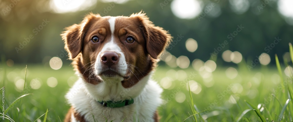 Aufkleber brown and white dog sitting in a grassy field with soft focus background and sunlight creating a bok