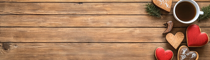 Blank wooden sign. Rustic wooden surface with coffee cup and heart-shaped decorations.