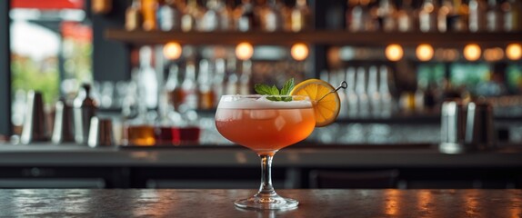 Cocktail drink in large glass with orange slice and mint leaves placed on bar counter in modern bar setting