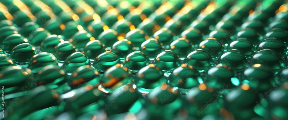 Poster close-up view of water droplets on a textured green surface with bokeh lighting effects in the backg