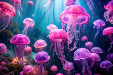 Pink & Lilac Illuminated Jellyfish Aquarium Silhouette - Sea World Stock Photo
