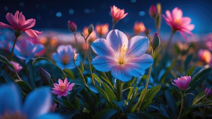 Colorful flower field at dusk with blooming flowers in various shades of blue and pink under a twilight sky with stars
