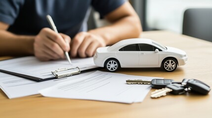 Car is great investment. Man signing a lease on a car. Customer signed a document of their vehicle warranty. A vehicle is an excellent lifestyle investment.