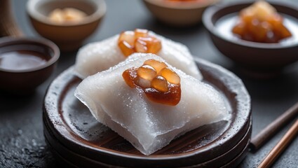 Steamed dessert dumplings with sweet toppings on a dark wooden plate decorated with traditional utensils and small bowls