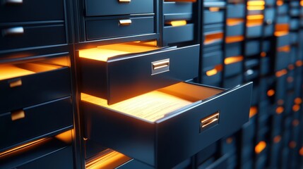 High-Detail 3D Visualization of an Office Filing Cabinet with Open Drawers Illuminated by Warm Light