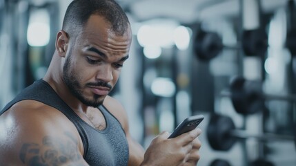 Social media rumors affecting a man in a gym. Featuring frustration and distraction