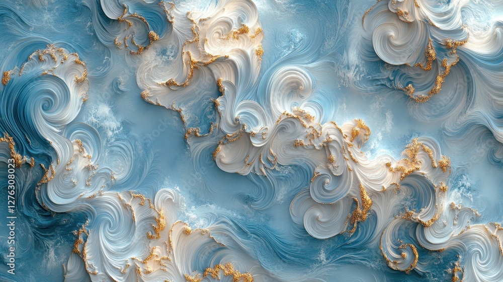 Poster abstract swirling blue and gold textures with dynamic fluid movements and elegant patterns