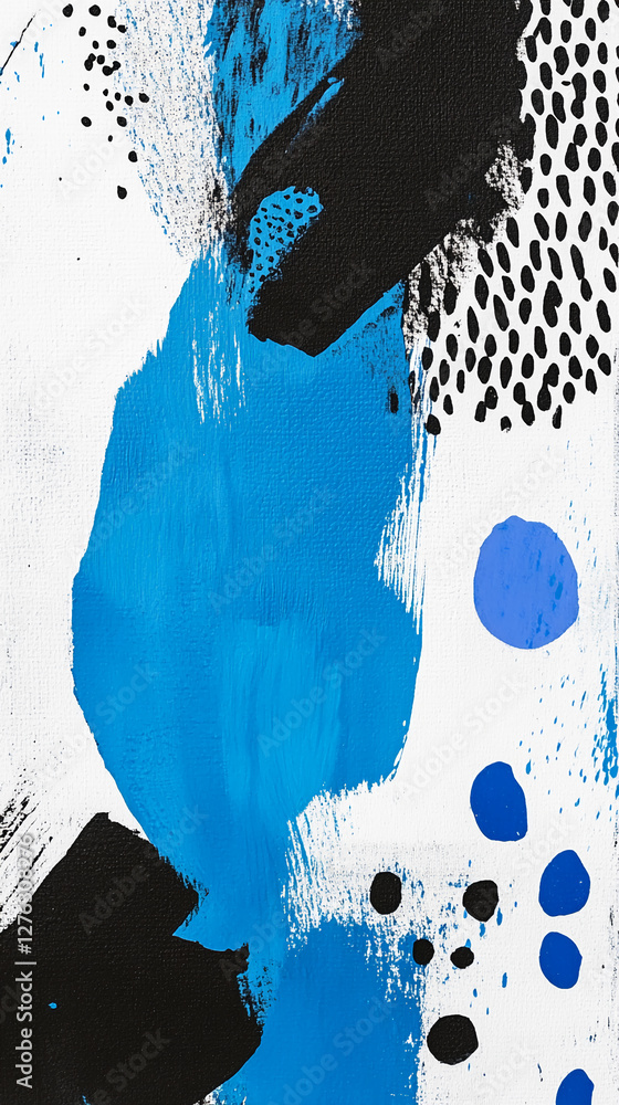 Poster abstract painting with bold strokes of blue, black, and white, creating a dynamic and artistic compo