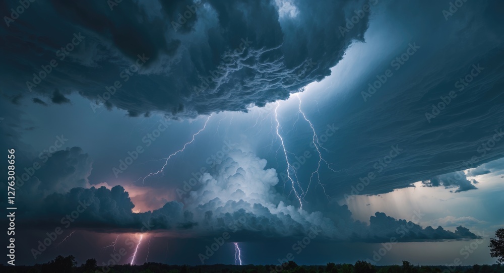 Poster dramatic thunderstorm with dark clouds and multiple lightning strikes illuminating the sky during tw