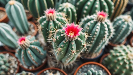Fototapeta premium Colorful cacti with pink flowers in pots arranged in a greenhouse setting showcasing various species of succulents and spines.