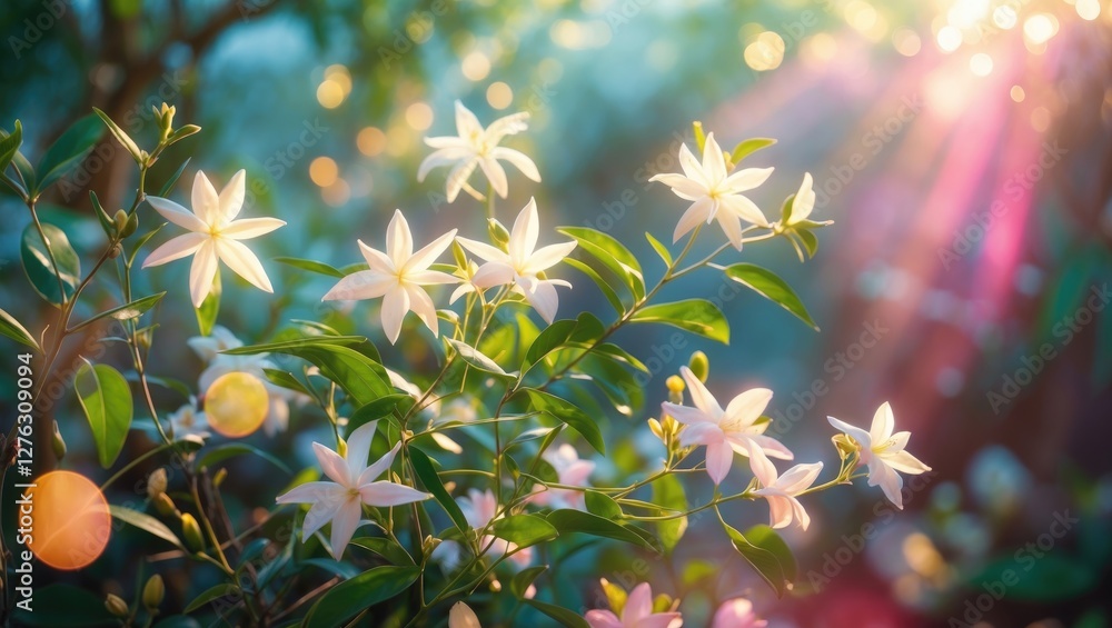 Poster delicate white flowers with green leaves illuminated by soft sunlight in a garden setting with blurr