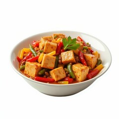 Colorful Mapo Tofu Dish with Peppers and Garnishes Served in a White Bowl Close Up Food Photo
