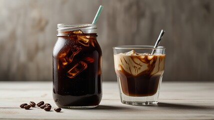 Cold brew coffee with milk on white wooden table